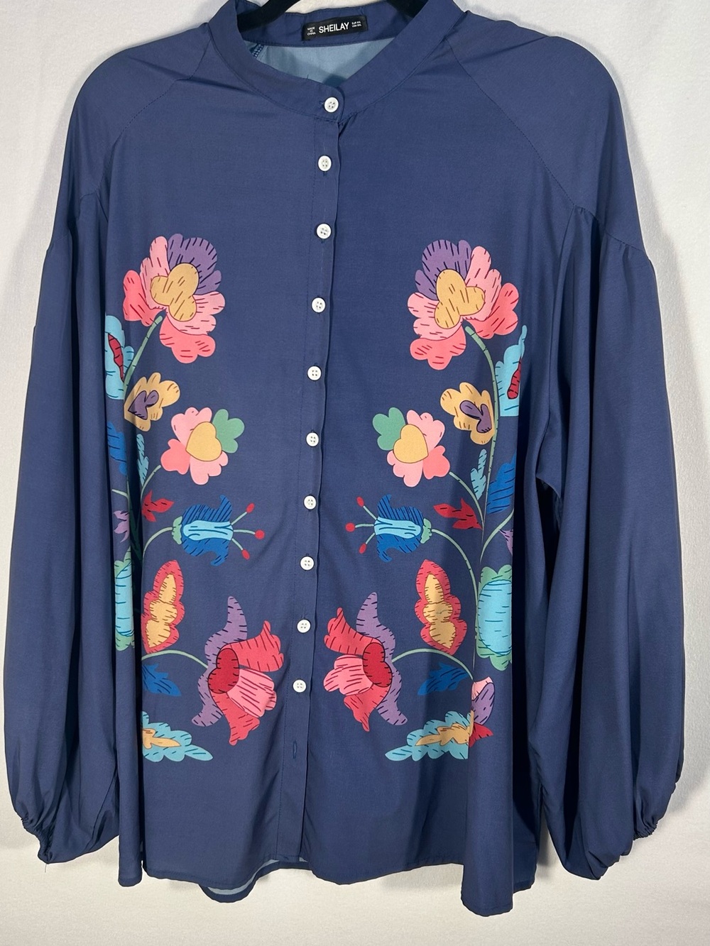 Shelay Navy Floral Button-Front Blouse with Mandarin Collar
